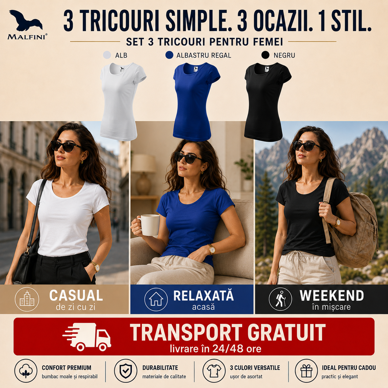 Tricouri damă din bumbac 100% cu decolteu alb negru albastru regal
